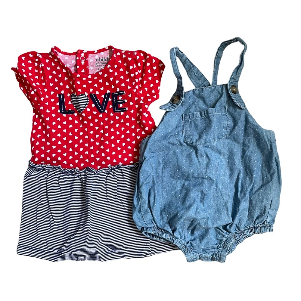 2 Piece Set of 6-9 Month Baby Girl Clothes - 1 Dress and 1 Overall Romper